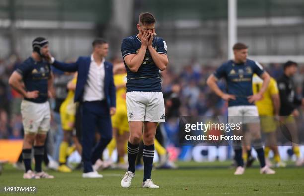 Ross Byrne of Leinster reacts after the team's defeat during the Heineken Champions Cup Final match between Leinster Rugby and Stade Rochelais at...
