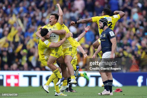 Thomas Berjon of La Rochelle celebrates with teammates after the team's victory during the Heineken Champions Cup Final match between Leinster Rugby...