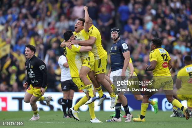 Thomas Berjon of La Rochelle celebrates with teammates after the team's victory during the Heineken Champions Cup Final match between Leinster Rugby...