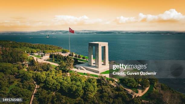 martyrs' memorial, canakkale the martyrs memorial, monument built for martyrs in the battle of canakkale, popular destination of turkey, symbol of the city of canakkale, mustafa kemal ataturk war, turkey wars, world war symbol - 1st marine infantry regiment stock pictures, royalty-free photos & images