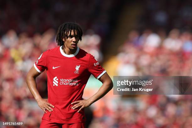 Trent Alexander-Arnold of Liverpool during the Premier League match between Liverpool FC and Aston Villa at Anfield on May 20, 2023 in Liverpool,...