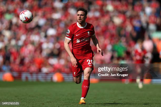 Diogo Jota of Liverpool during the Premier League match between Liverpool FC and Aston Villa at Anfield on May 20, 2023 in Liverpool, England.