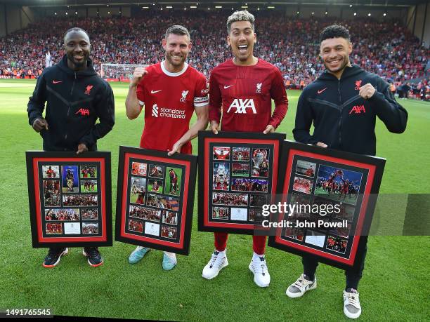 Naby Keita, James Milner, Roberto Firmino and Alex Oxlade-Chamberlain of Liverpool at the Premier League match between Liverpool FC and Aston Villa...