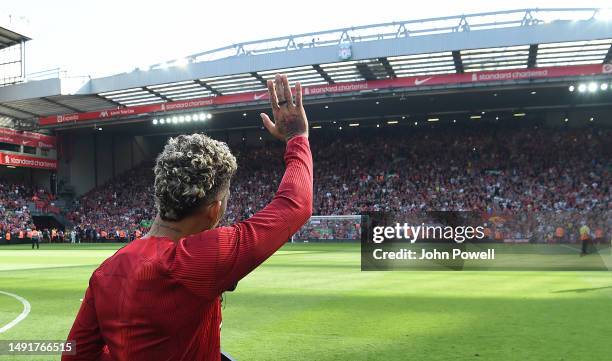 Roberto Firmino of Liverpool at end of the Premier League match between Liverpool FC and Aston Villa at Anfield on May 20, 2023 in Liverpool, England.