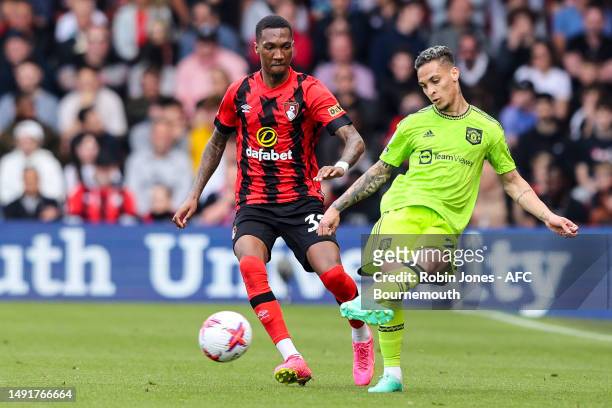 Antony of Manchester United clears from Jaidon Anthony of Bournemouth during the Premier League match between AFC Bournemouth and Manchester United...