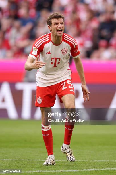 Thomas Mueller of FC Bayern Munich reacts during the Bundesliga match between FC Bayern München and RB Leipzig at Allianz Arena on May 20, 2023 in...