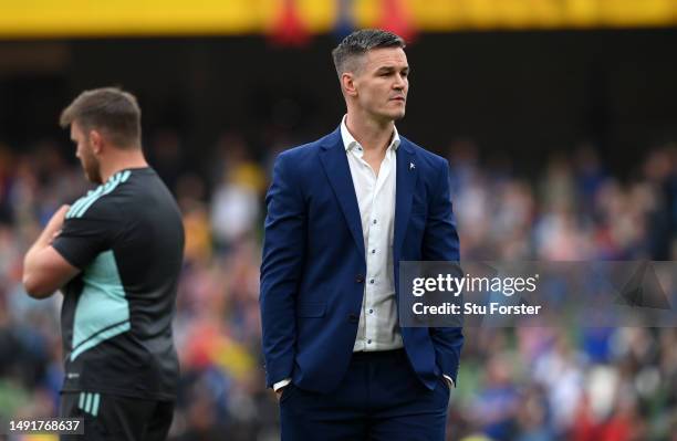 Johnny Sexton looks dejected following the team's defeat during the Heineken Champions Cup Final match between Leinster Rugby and Stade Rochelais at...