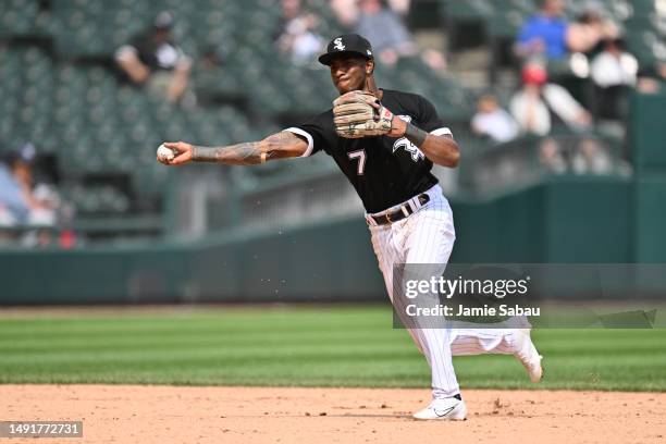 Tim Anderson of the Chicago White Sox throws to first base against the Cleveland Guardians at Guaranteed Rate Field on May 18, 2023 in Chicago,...