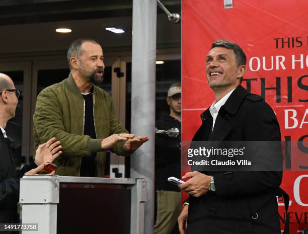 Paolo Maldini of AC Milan and Fabio Volo attends before the Serie A match between AC Milan and UC Sampdoria at Stadio Giuseppe Meazza on May 20, 2023...