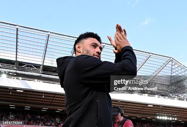 Alex Oxlade-Chamberlain of Liverpool showing his appreciation to the fans at the end of the Premier League match between Liverpool FC and Aston Villa...