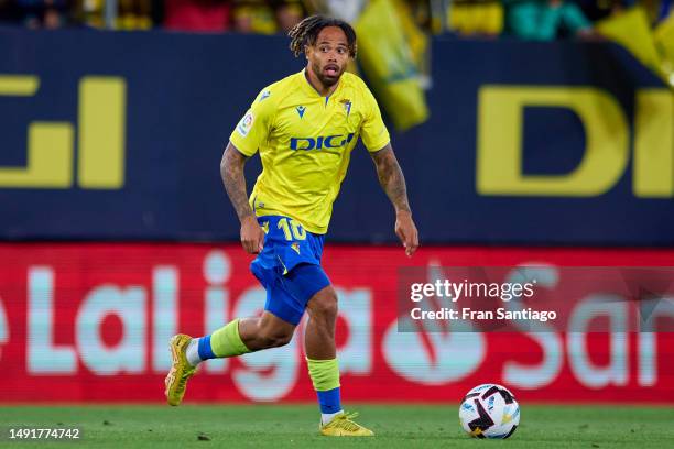 Theo Bongonda of Cadiz CF in action during the LaLiga Santander match between Cadiz CF and Real Valladolid CF at Estadio Nuevo Mirandilla on May 19,...