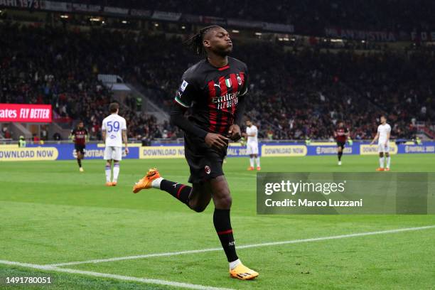 Rafael Leao of AC Milan celebrates after scoring the team's first goal during the Serie A match between AC MIlan and UC Sampdoria at Stadio Giuseppe...