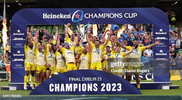 Gregory Alldritt and Romain Sazy of La Rochelle lift the Heineken Champions Cup after their victory during the Heineken Cup Champions Cup Final...