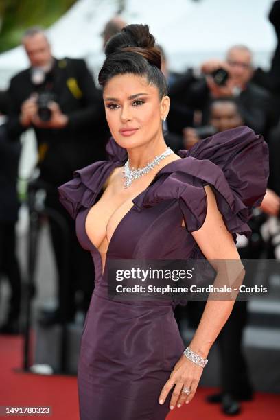 Salma Hayek attends the "Killers Of The Flower Moon" red carpet during the 76th annual Cannes film festival at Palais des Festivals on May 20, 2023...