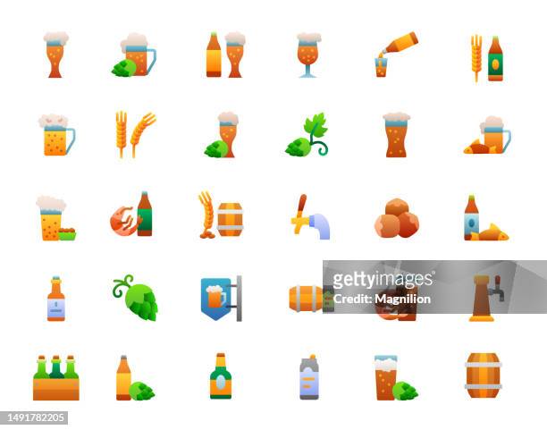 bier flat gradient icons set - hopfen malz stock-grafiken, -clipart, -cartoons und -symbole