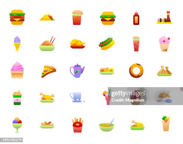 fast food gradient icons set - chicken nugget stock illustrations