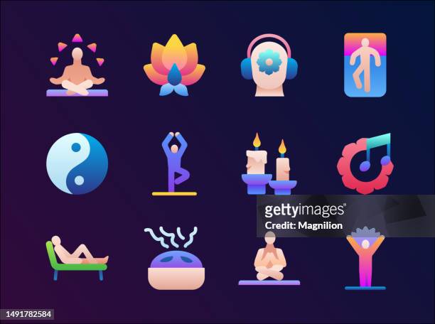 meditation flat gradient icons set - lotus position stock illustrations