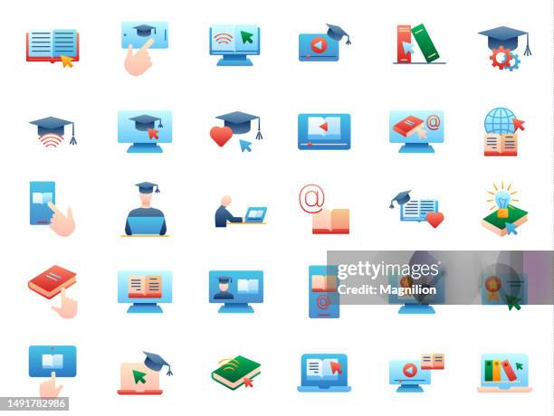 online e-learning flat gradient icons set - students learning computer programming stock illustrations