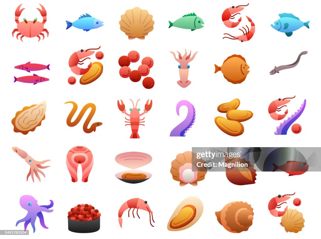 Seafood Flat Gradient Icons Set