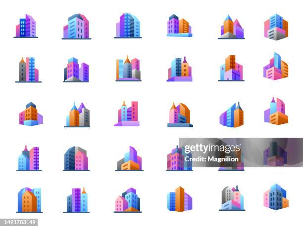 skyscrapers flat gradient icons set - minimalist office stock illustrations