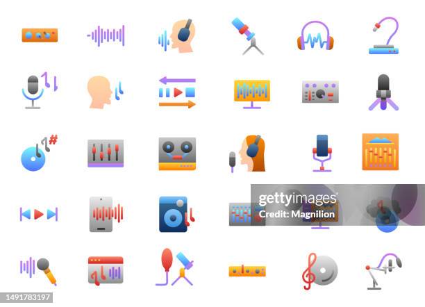 ilustraciones, imágenes clip art, dibujos animados e iconos de stock de conjunto de iconos de degradado plano de grabación de sonido - colors soundtrack