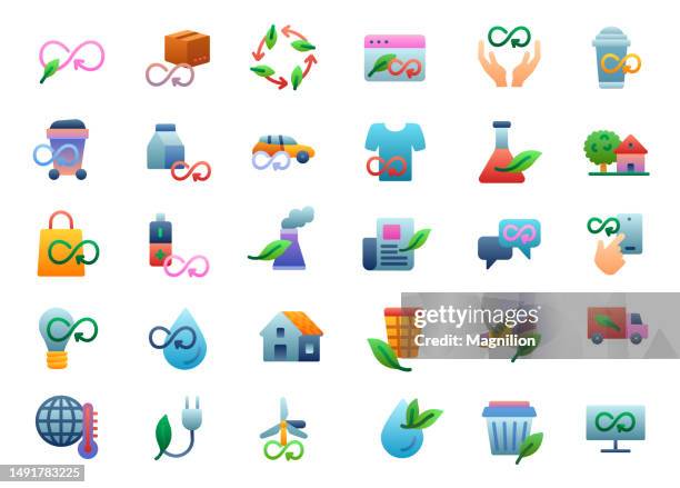 sustainable resources flat gradient icons set - hydrogen refueling stock illustrations