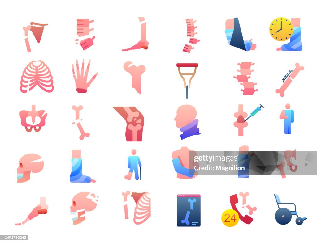 Traumatology Flat Gradient Icons Set. Injuries, fractures, treatment.