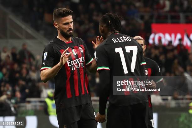Olivier Giroud of AC Milan celebrates after scoring the team's second goal with teammate Rafael Leao during the Serie A match between AC MIlan and UC...