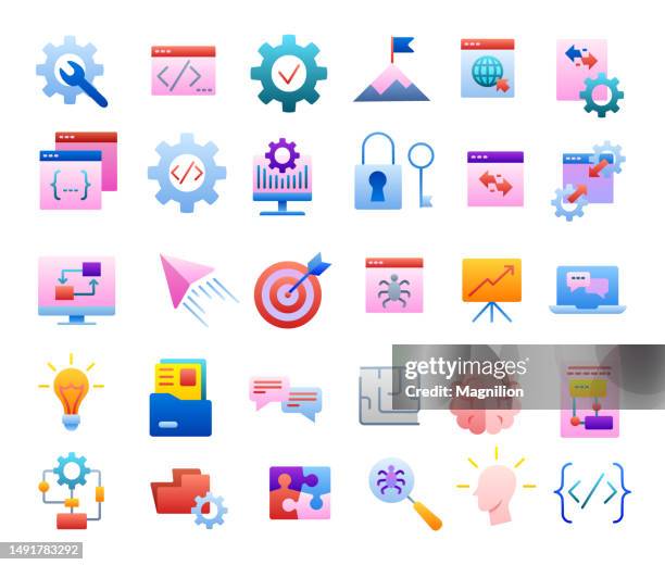 web development flat gradient icons set - game programming stock illustrations