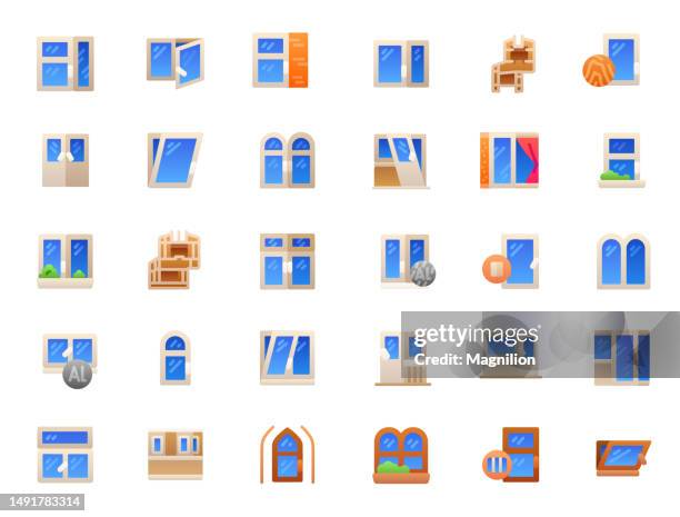 windows icons set, window frames and materials, gradient - round window curtains stock illustrations