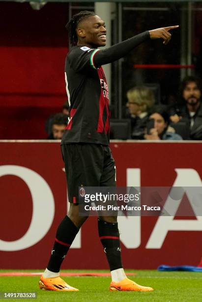 Rafael Leão of AC Milan celebrates after scoring his team's first goal during the Serie A match between AC Milan and UC Sampdoria at Stadio Giuseppe...