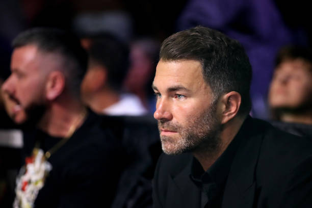 Eddie Hearn, Promotor and Chairman of Matchroom Sport, looks on prior to the IBF, IBO, WBA, WBC and WBO World Super Lightweight Title fight between...