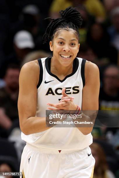 Candace Parker of the Las Vegas Aces reacts after a basket against the Seattle Storm during the second quarter at Climate Pledge Arena on May 20,...