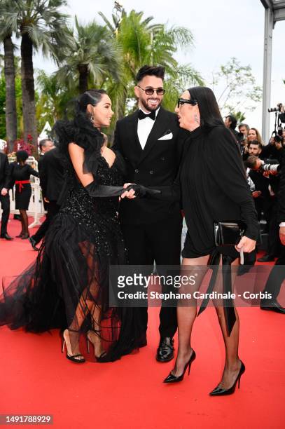 Nabilla Benattia, Thomas Vergara and Rossy de Palma attend the "Killers Of The Flower Moon" red carpet during the 76th annual Cannes film festival at...