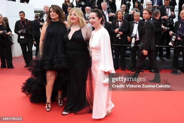 Cathy Scorsese, Francesca Scorsese and Domenica Cameron-Scorsese attends the "Killers Of The Flower Moon" red carpet during the 76th annual Cannes...