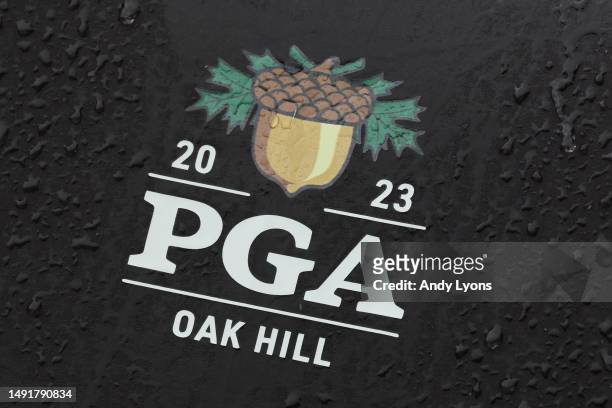 Detailed view of a PGA Oak Hill logo as seen on an umbrella during the third round of the 2023 PGA Championship at Oak Hill Country Club on May 20,...