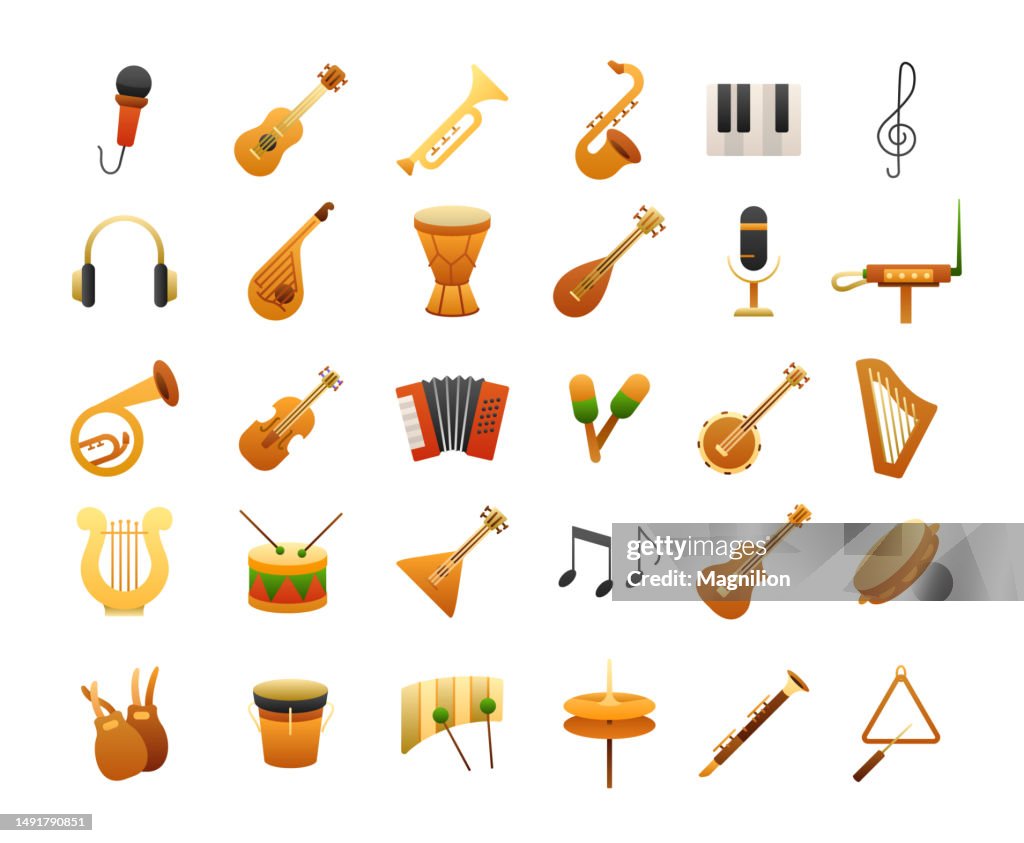 Musikinstrumente Flache Farbverlaufssymbole eingestellt