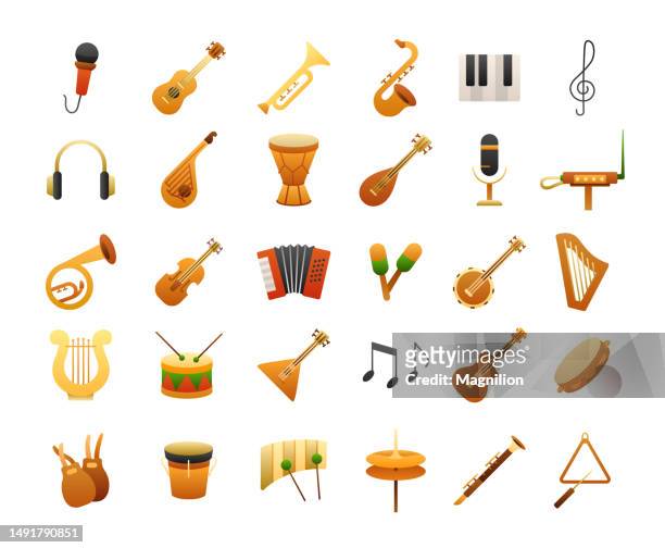 illustrazioni stock, clip art, cartoni animati e icone di tendenza di set di icone sfumate piatte per strumenti musicali - flauto
