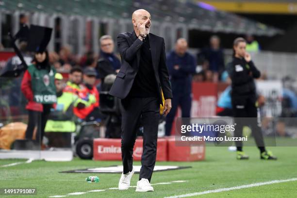 Stefano Pioli, Head Coach of AC Milan, reacts during the Serie A match between AC MIlan and UC Sampdoria at Stadio Giuseppe Meazza on May 20, 2023 in...
