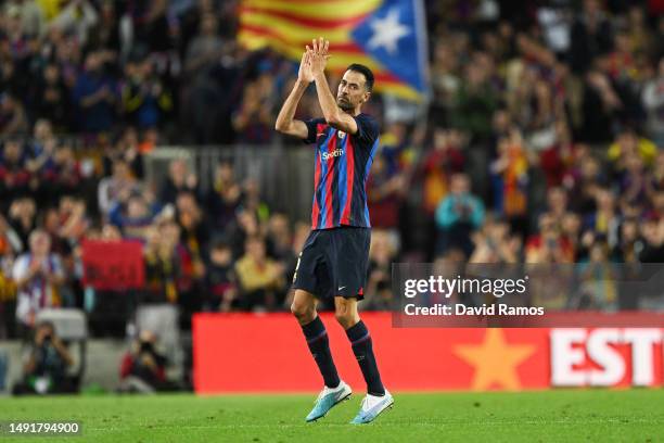 Sergio Busquets of FC Barcelona applauds the fans as they leave the field whilst being substituted during the LaLiga Santander match between FC...