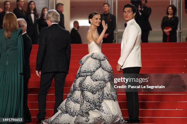 Natalie Portman and Charles Melton attend the "May December" red carpet during the 76th annual Cannes film festival at Palais des Festivals on May...