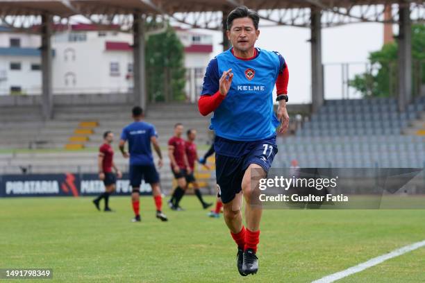 Japanese Legend Kazu Miura of UD Oliveirense in action during the warm up before the start of the Liga Portugal 2 match between Belenenses SAD and UD...