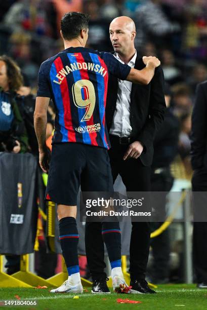 Robert Lewandowski of FC Barcelona and FC Barcelona Sports Director Jordi Cruyff talk after the LaLiga Santander match between FC Barcelona and Real...