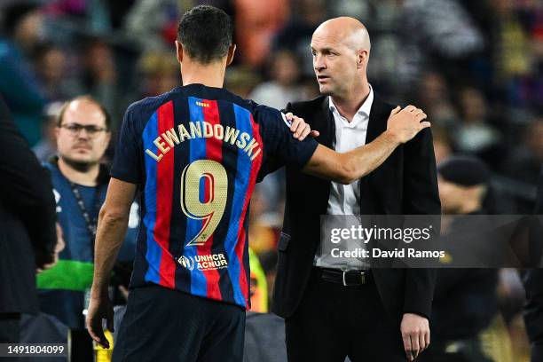 Robert Lewandowski of FC Barcelona and FC Barcelona Sports Director Jordi Cruyff talk after the LaLiga Santander match between FC Barcelona and Real...