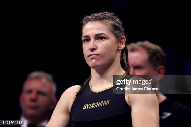 Katie Taylor looks on prior to the IBF, IBO, WBA, WBC and WBO World Super Lightweight Title fight between Katie Taylor and Chantelle Cameron at The...