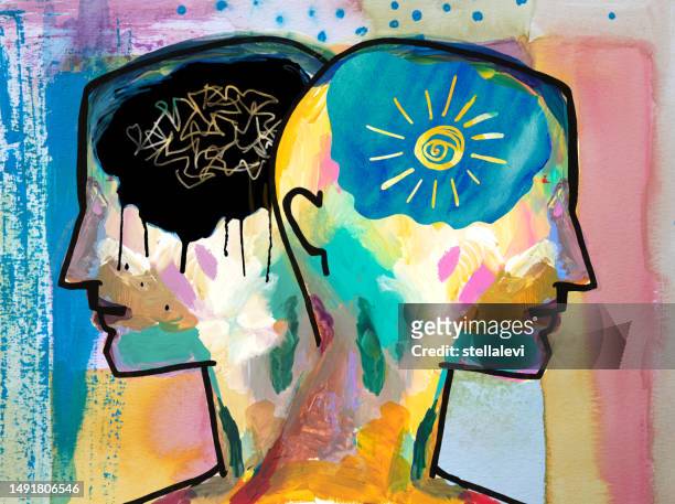 person with bi-polar, mood disorder. mental health concept - sad face drawing stock illustrations