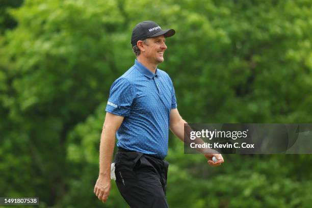 Justin Rose of England reacts on the 14th green during the third round of the 2023 PGA Championship at Oak Hill Country Club on May 20, 2023 in...