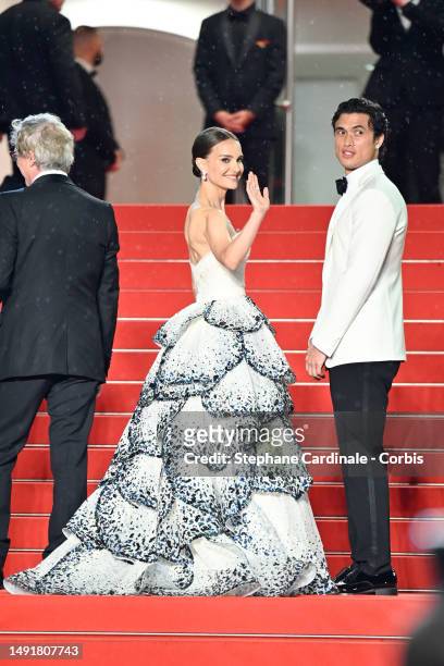 Natalie Portman and Charles Melton attend the "May December" red carpet during the 76th annual Cannes film festival at Palais des Festivals on May...