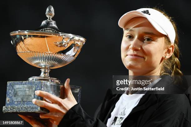 Elena Rybakina of Kazakhstan poses for a photo with their winning trophy after the Women's Singles Final match on day thirteen of Internazionali BNL...