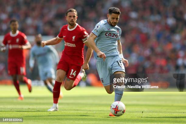 Alex Moreno of Aston Villa in action during the Premier League match between Liverpool FC and Aston Villa at Anfield on May 20, 2023 in Liverpool,...
